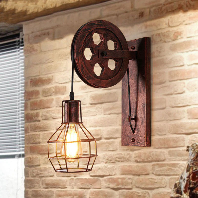 The industrial wall light offers exposed bulb brilliance and retro pulley design for ambient lighting.