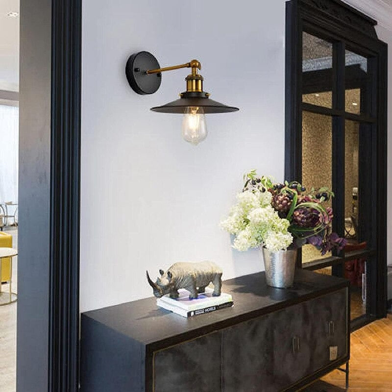 The hallway glows with an ORLUNE HOME Retro Industrial Cone-Shaped Wall Light.