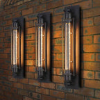 Warm exposed bulbs on a brick wall create cozy, retro industrial lighting ambiance.