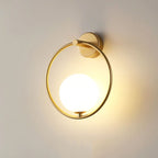Warm gold-finished LED wall light with a glowing white globe, modern lighting accent.