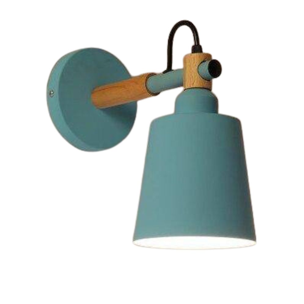 Modern LED wall light: blue shade, wooden accents, exposed wiring—stylish illumination for any room.