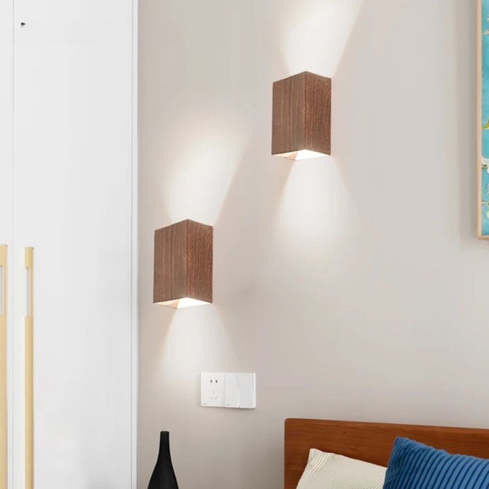 ORLUNE HOME Cubical Wooden Wall Lights feature integrated LEDs for stylish up-and-down illumination.