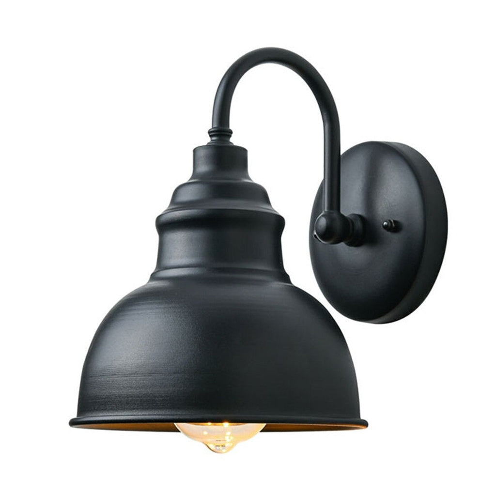 This wall light offers striking industrial lighting with a black dome shade and exposed bulb.