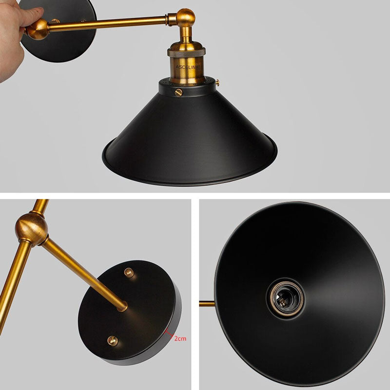 See industrial wall sconce’s shade, arm, plate, and unlit lampshade detail—pure lighting focus.