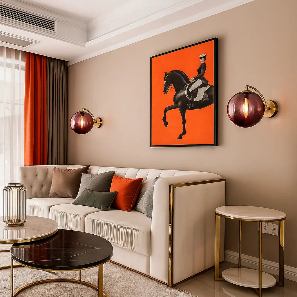 ORLUNE HOME Retro Chic Brass Wall Lights with Glass Globes add stylish illumination.