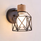 This sconce’s geometric metal cage and wood accent cast warm, modern lighting indoors.