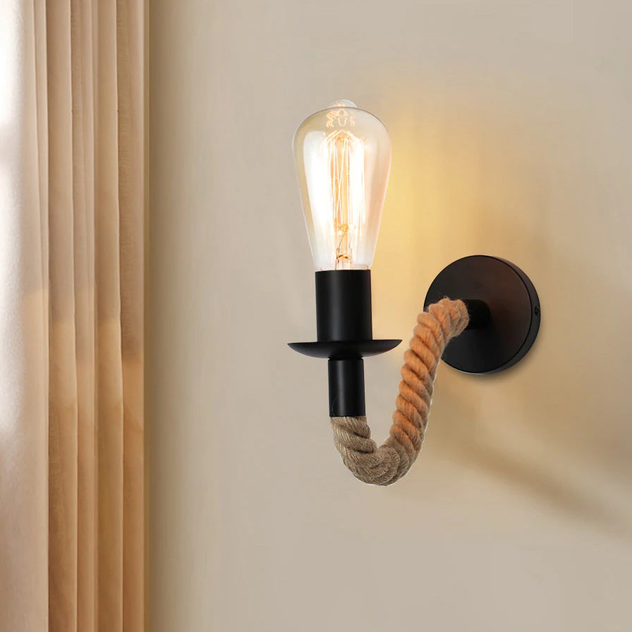 Industrial Rope Wall Lamp delivers cozy, vintage lighting with an exposed bulb and bold rope fixture.