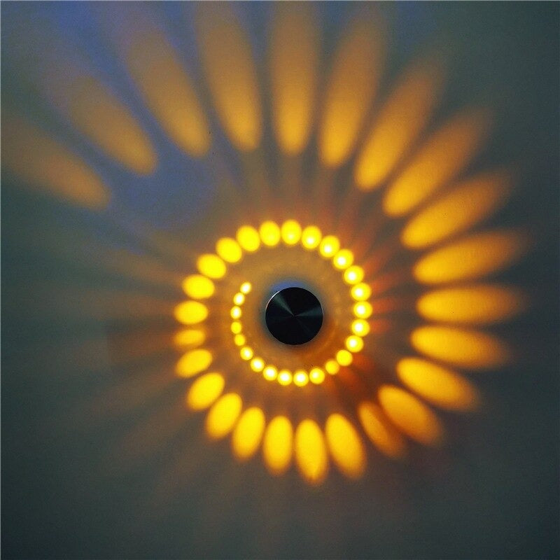 Warm yellow LED lighting creates radiant dots and petal shapes, softly illuminating spaces.