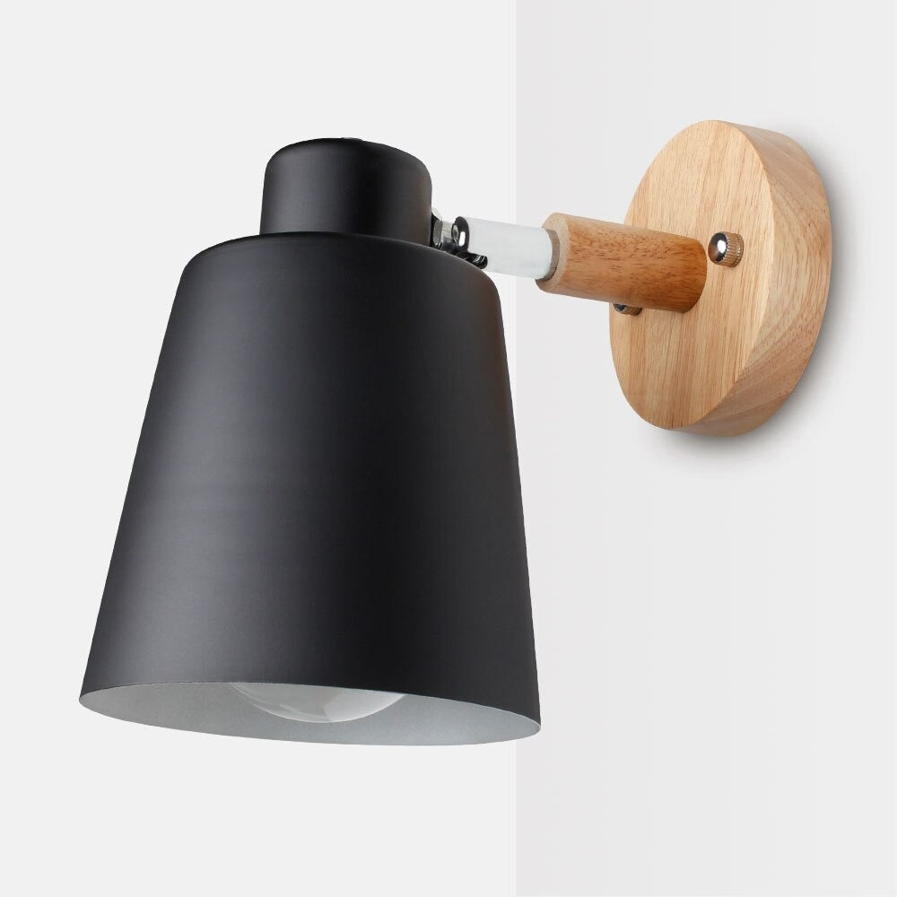 Enjoy adjustable, modern wall lighting with a rotating black cone and warm wood base.