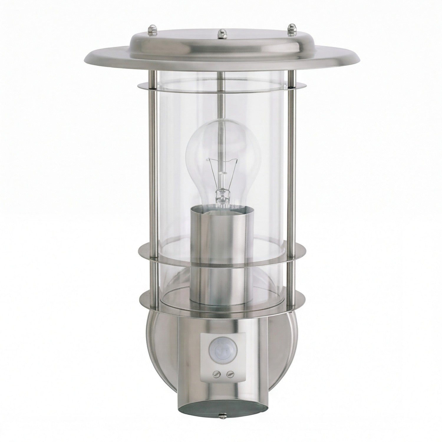Stainless steel outdoor wall light with clear glass, visible bulb, and motion sensor at base.